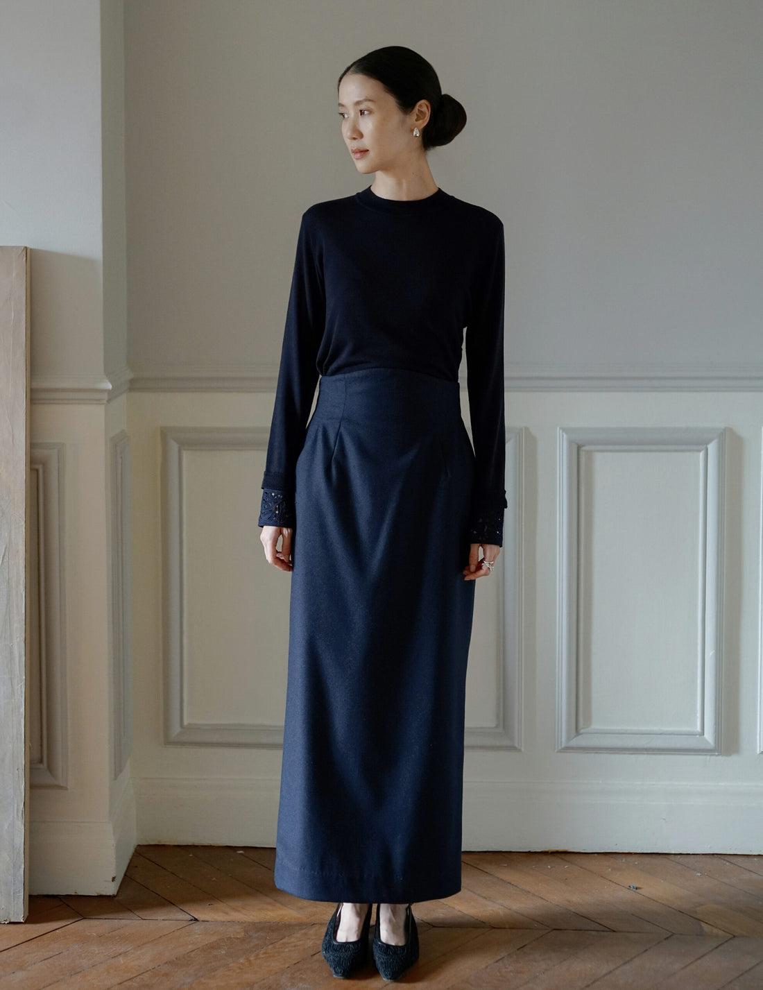 MAME KUROGOUCHI | Wool Flannel I-Line Skirt．Navy
