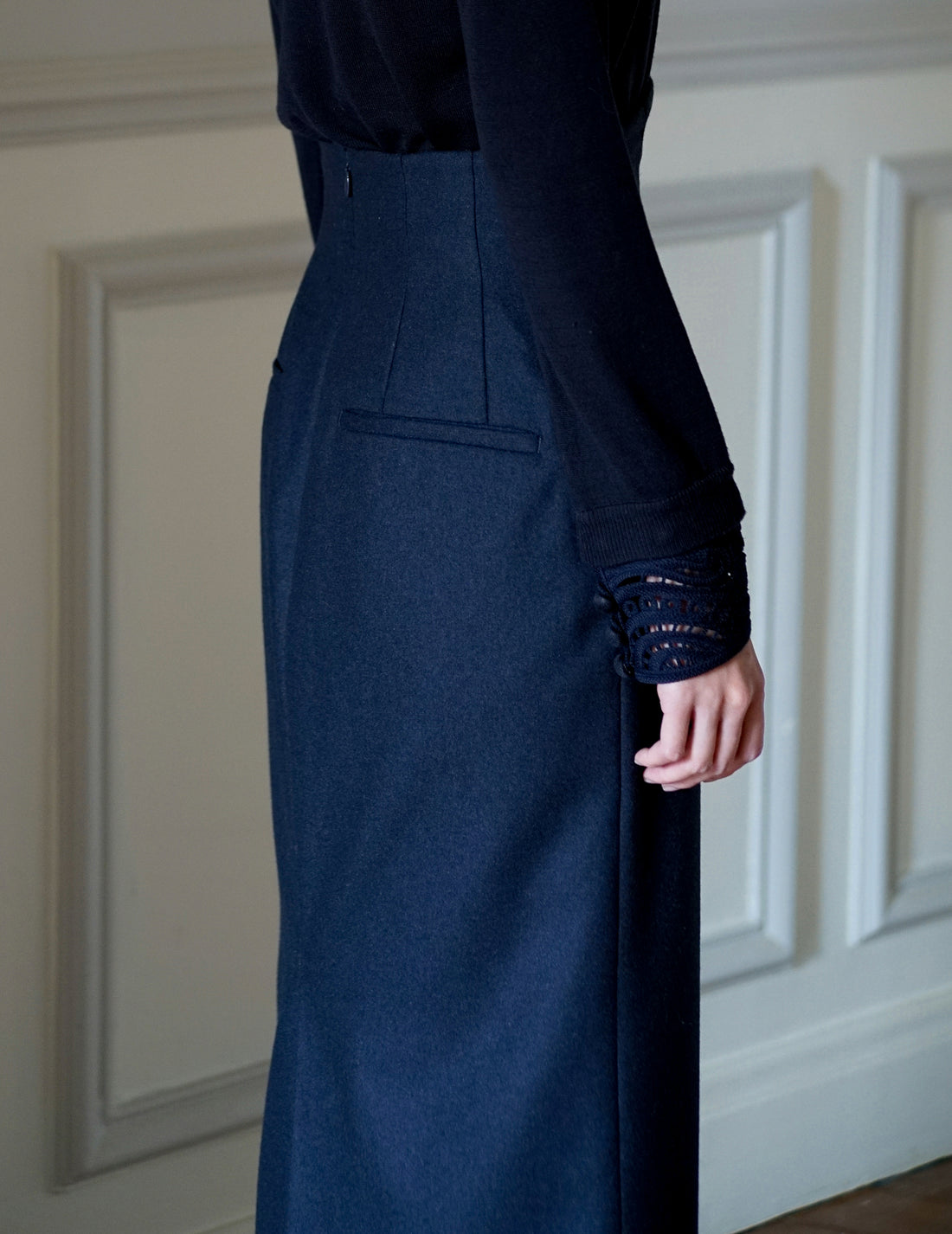 MAME KUROGOUCHI | Wool Flannel I-Line Skirt．Navy