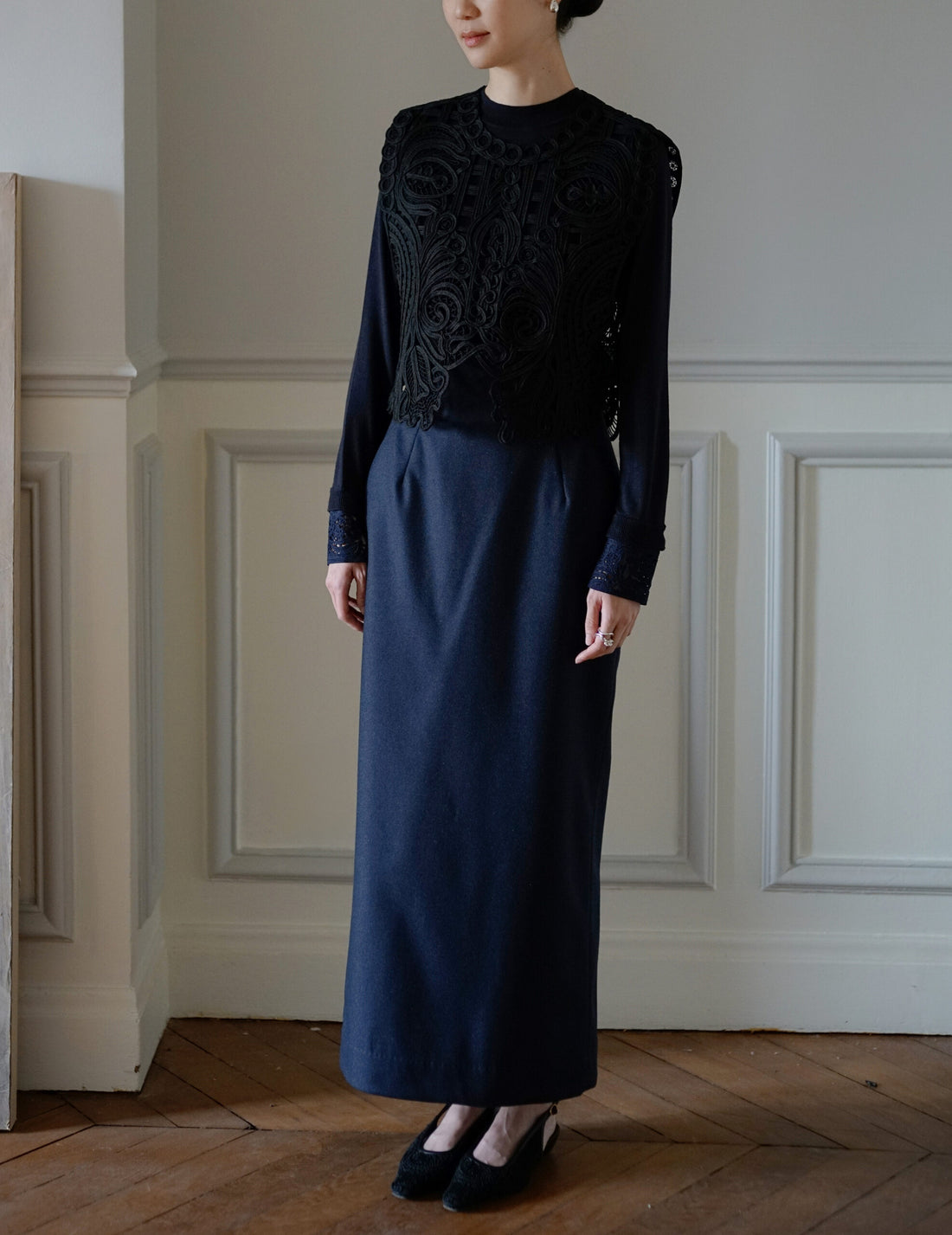 Gilet brodé en cordon・Noir 