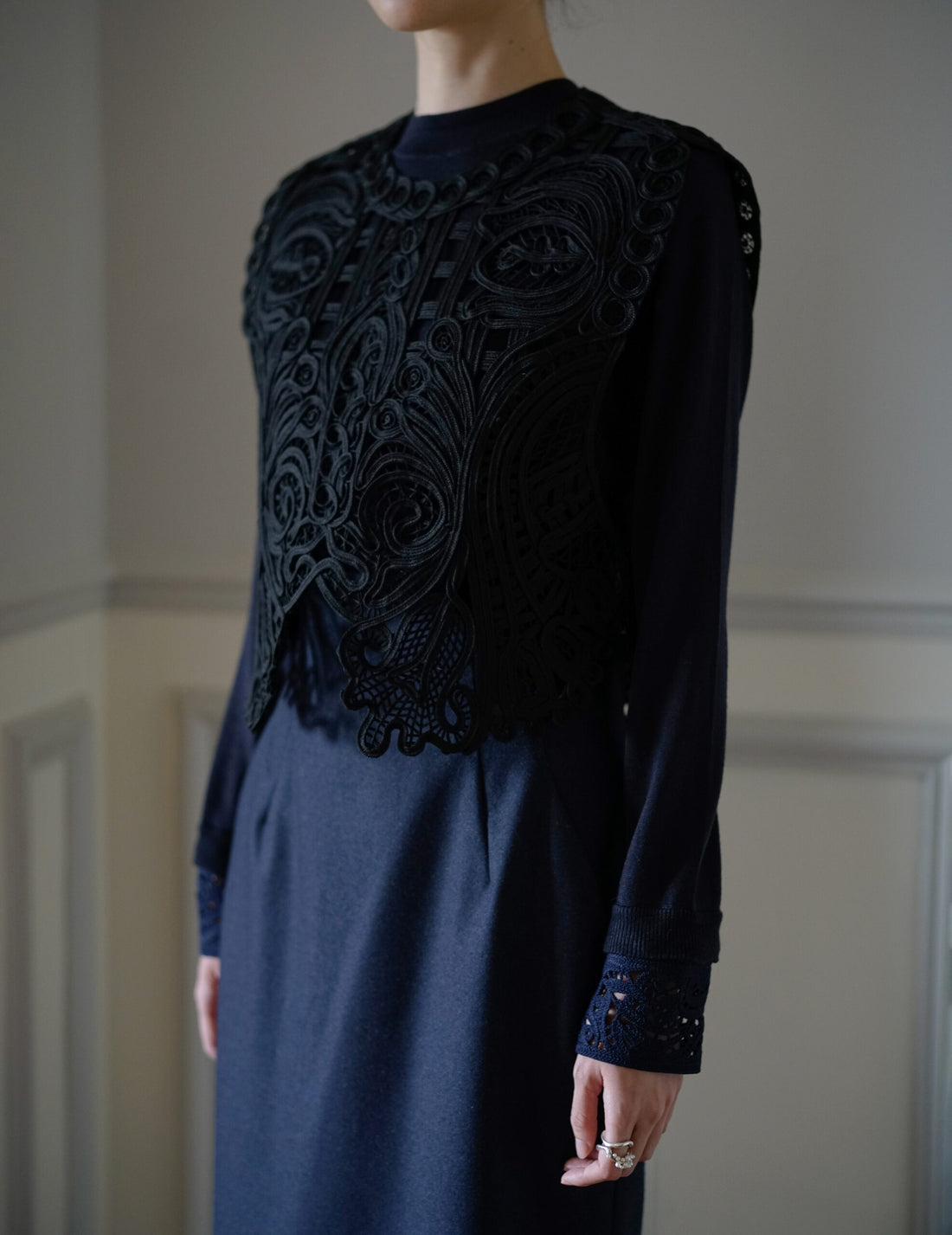 Gilet brodé en cordon・Noir 