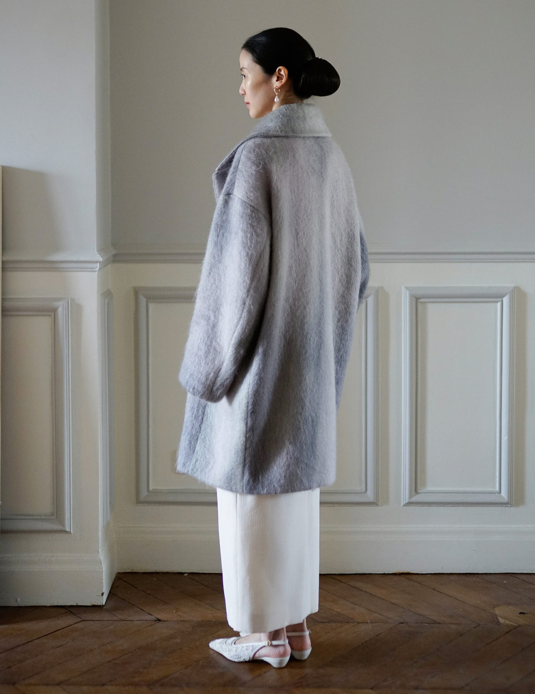 Manteau croisé en mohair teint en dégradé ・Gris