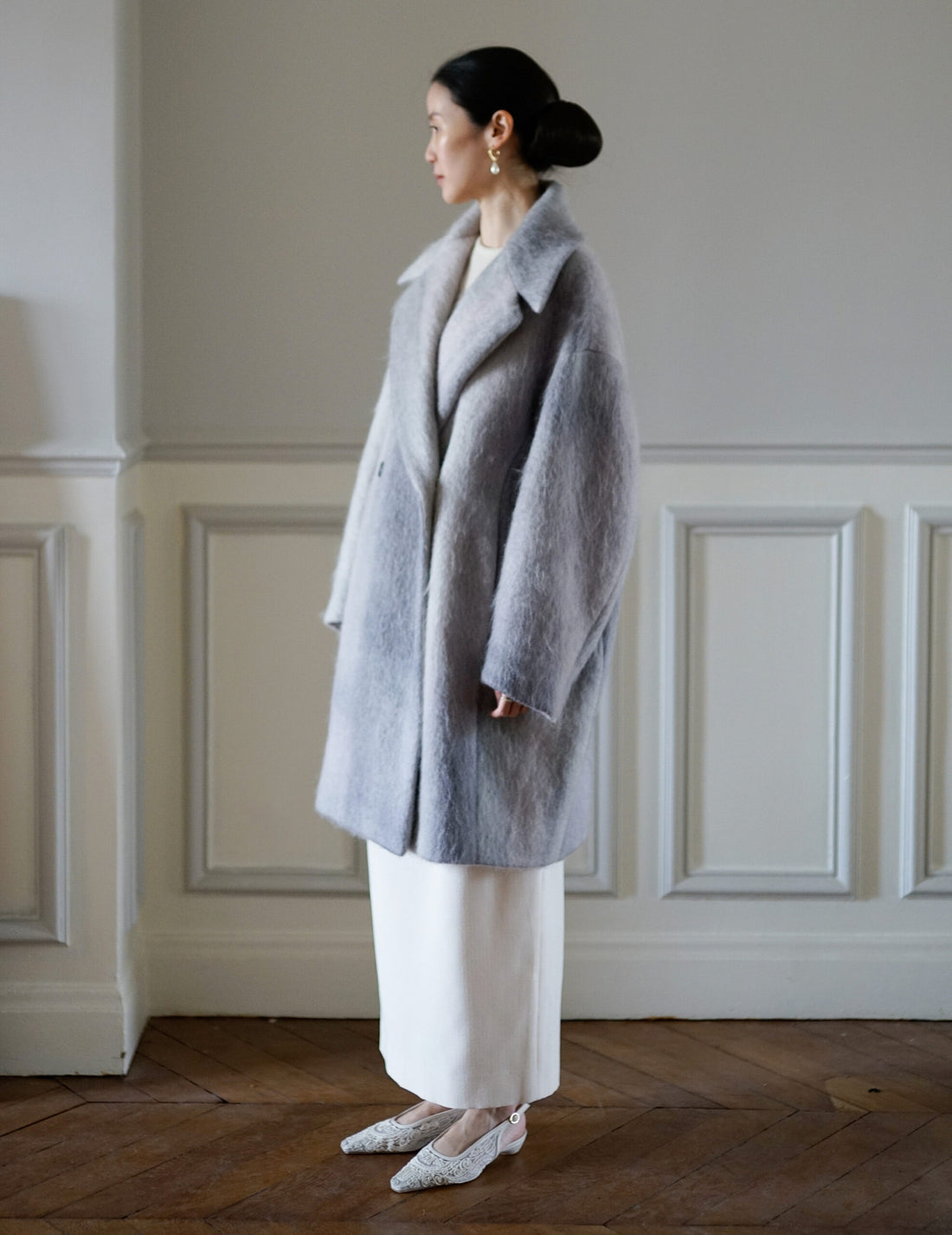 Manteau croisé en mohair teint en dégradé ・Gris