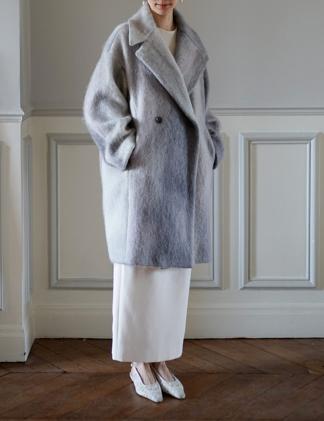 Manteau croisé en mohair teint en dégradé ・Gris