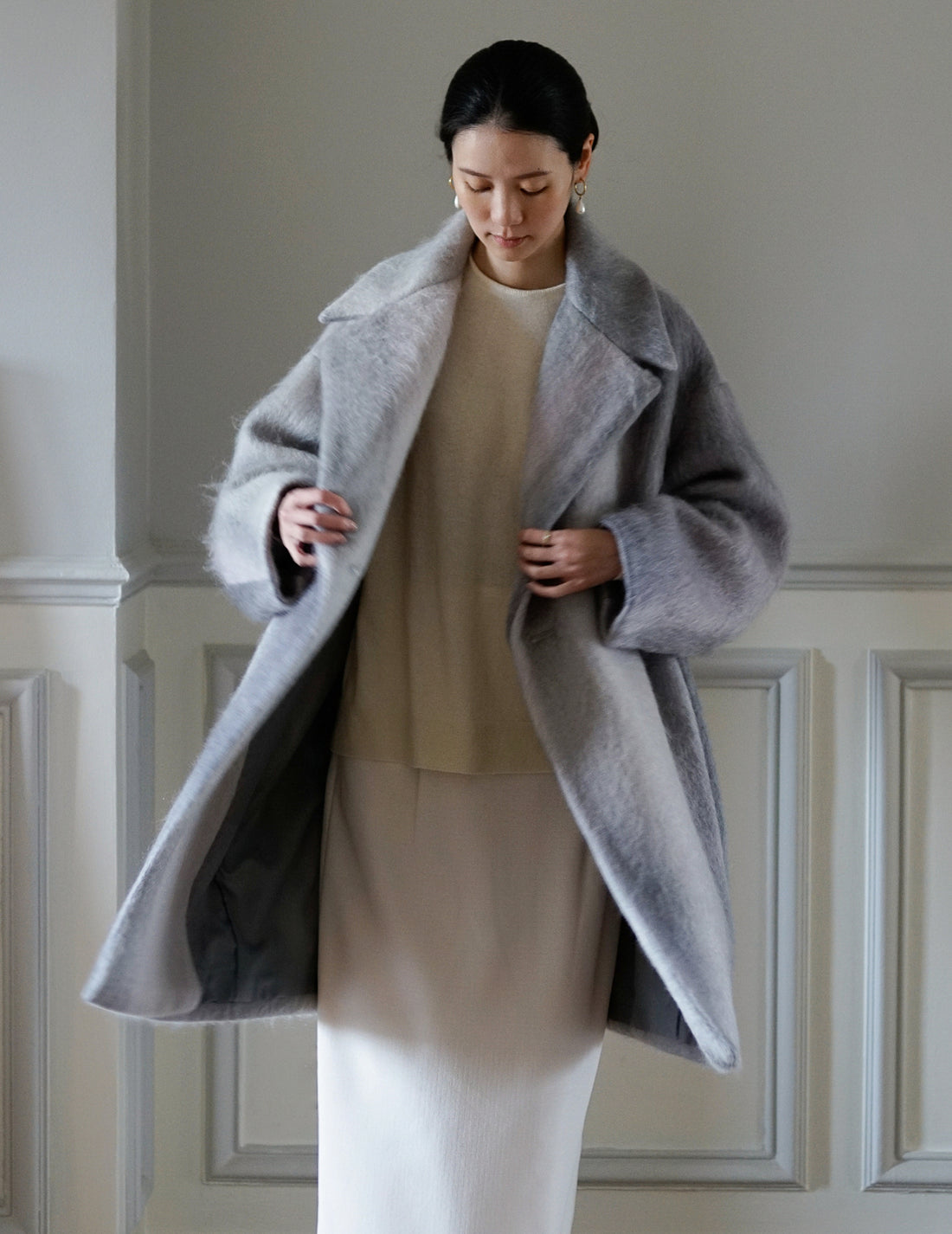 Manteau croisé en mohair teint en dégradé ・Gris