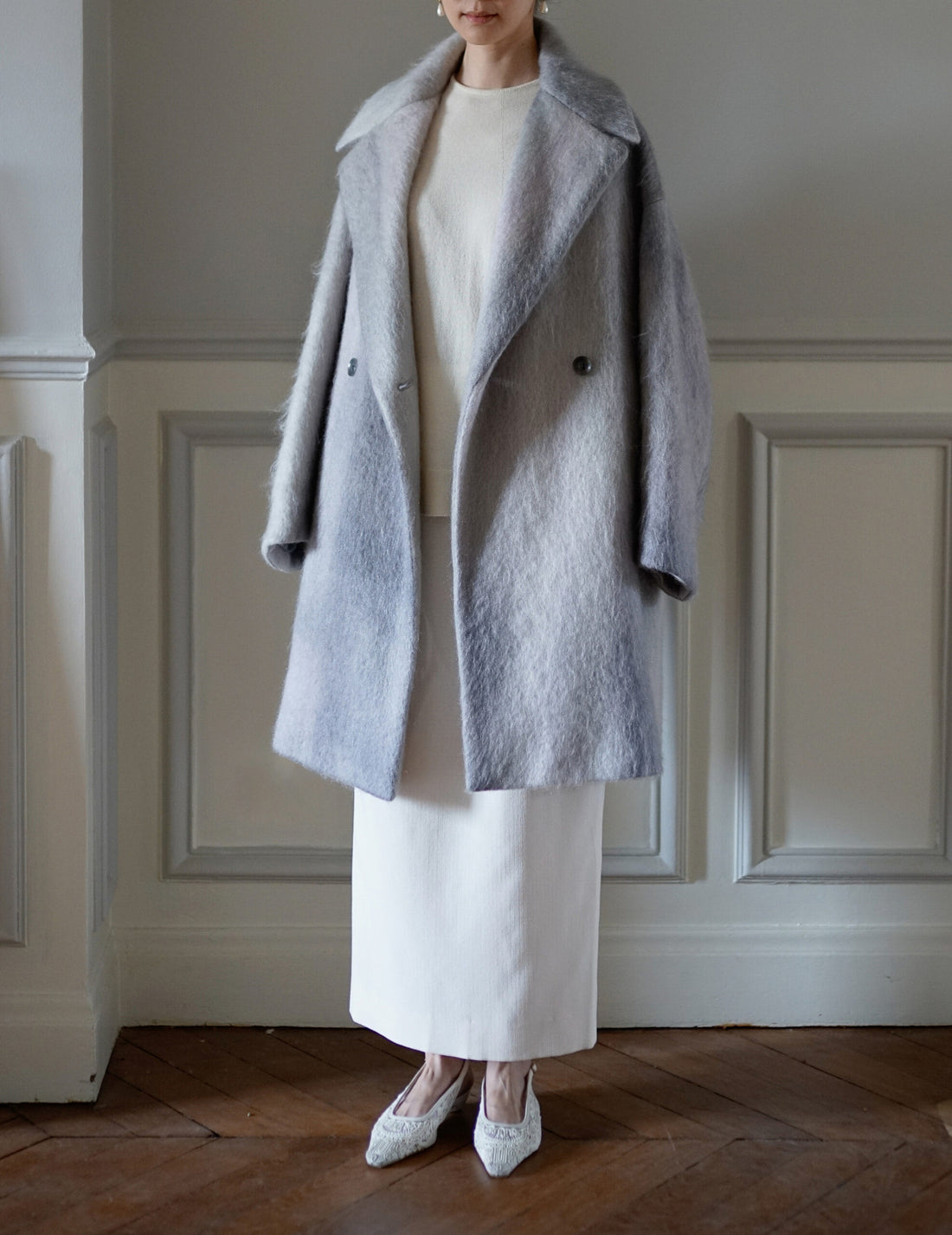 Manteau croisé en mohair teint en dégradé ・Gris