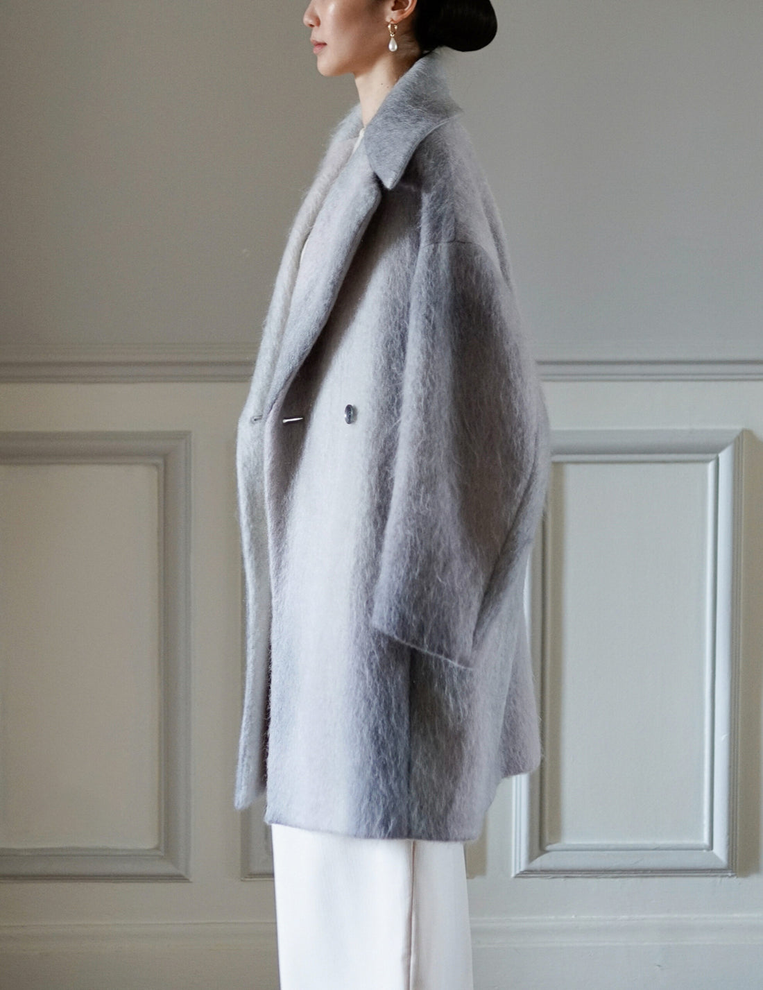 Manteau croisé en mohair teint en dégradé ・Gris