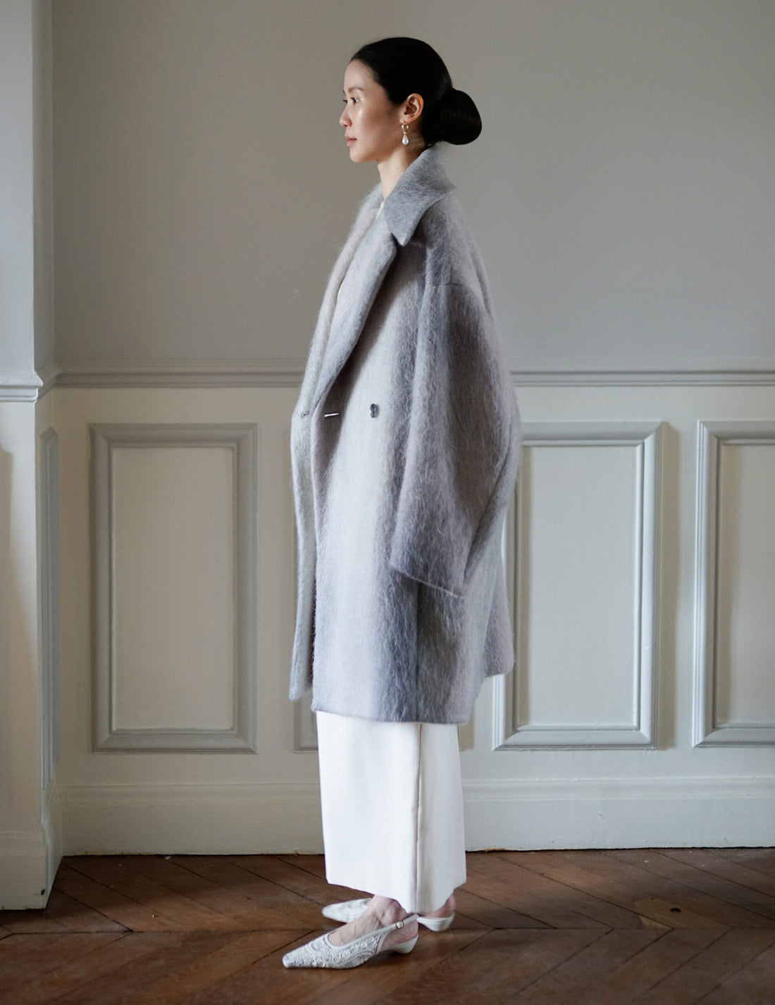 Manteau croisé en mohair teint en dégradé ・Gris
