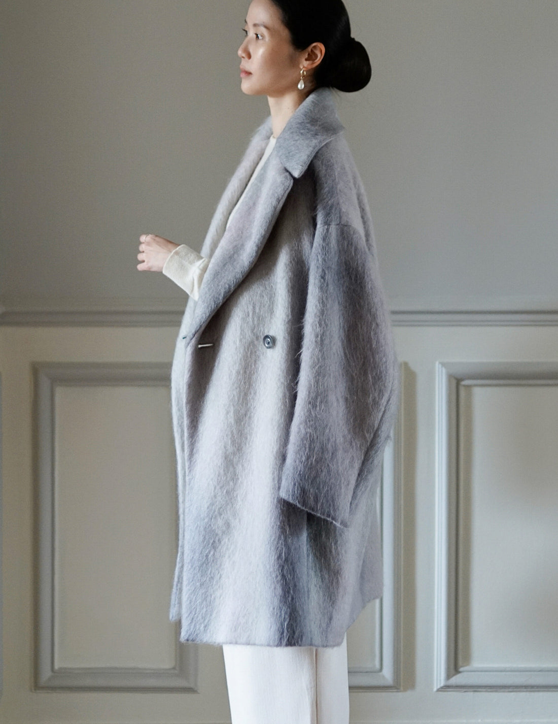 Manteau croisé en mohair teint en dégradé ・Gris