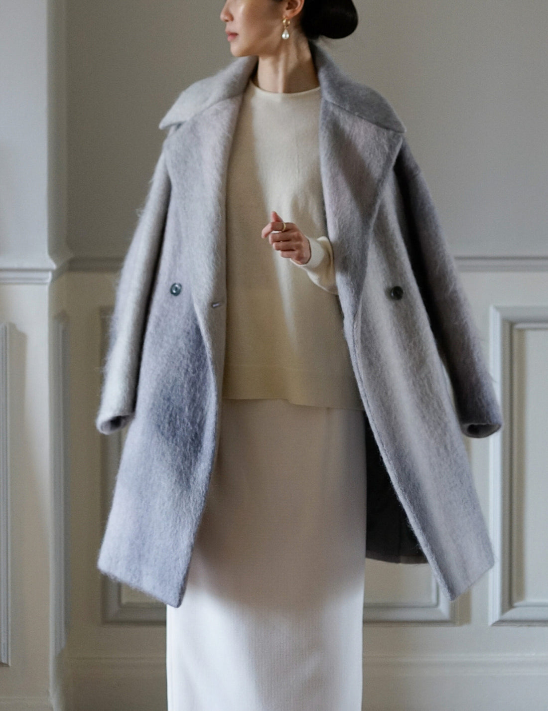 Manteau croisé en mohair teint en dégradé ・Gris