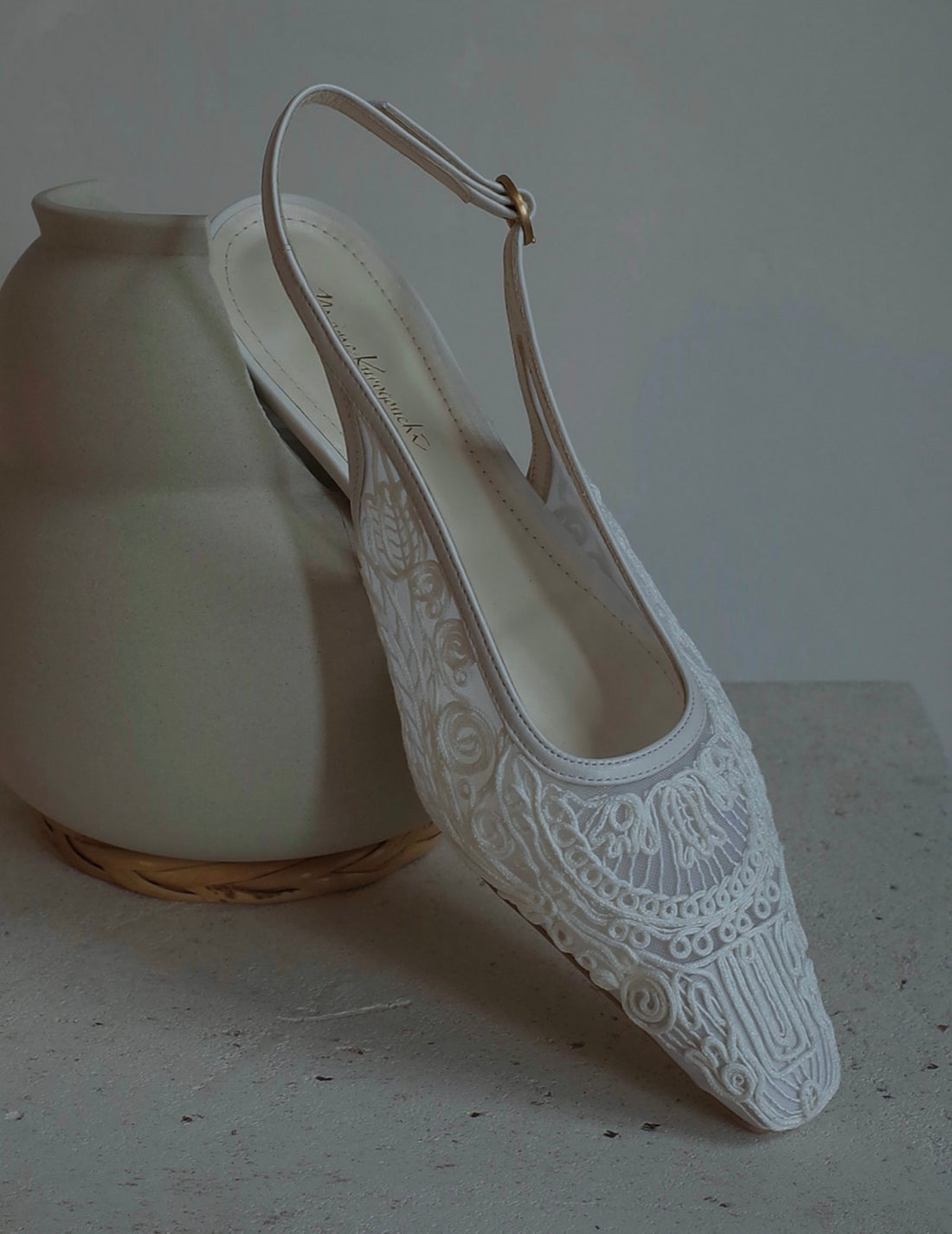 Mame Kurogouchi | Cording Embroidery Sling Back Heels．White