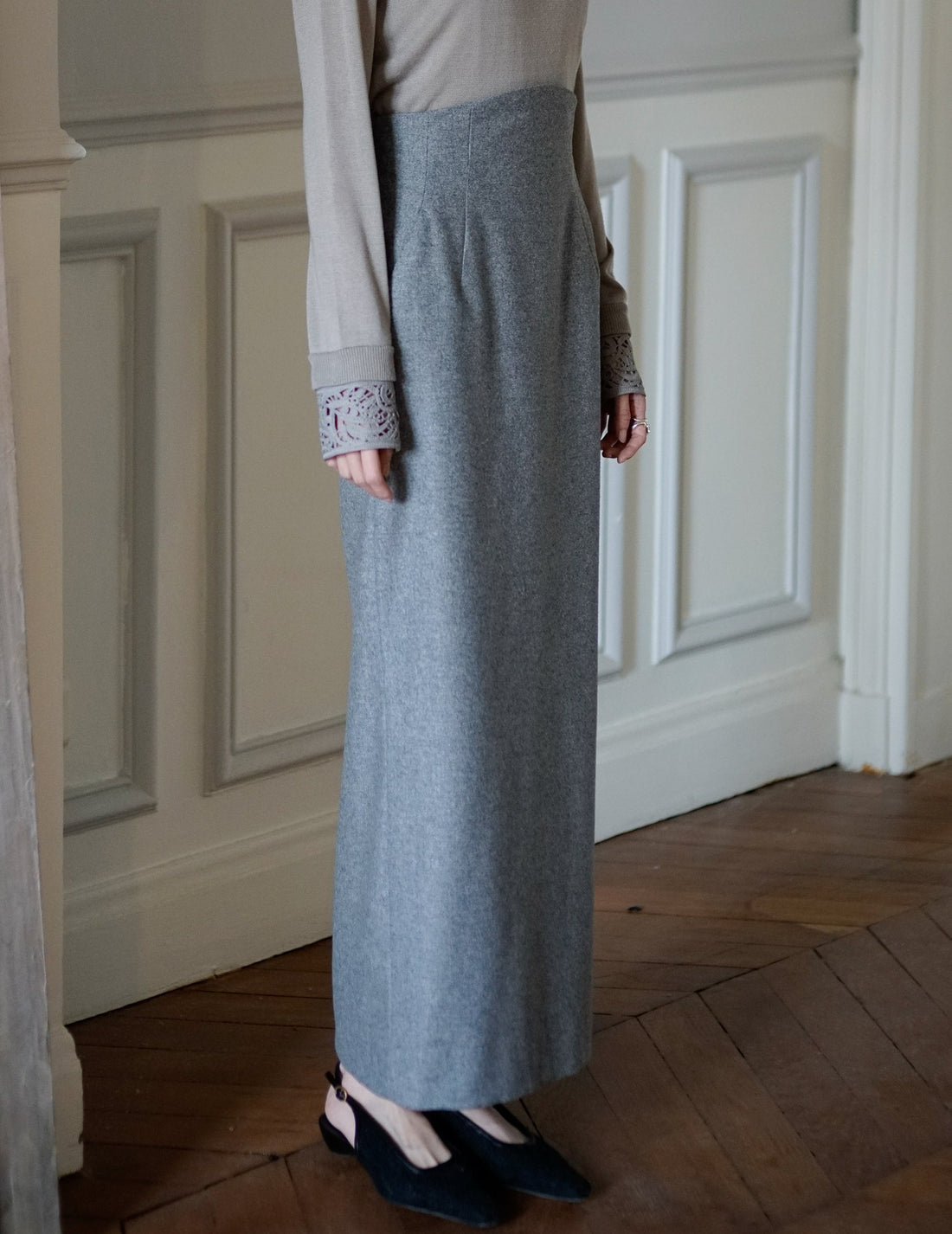 MAME KUROGOUCHI | Wool Flannel I-Line Skirt．Grey