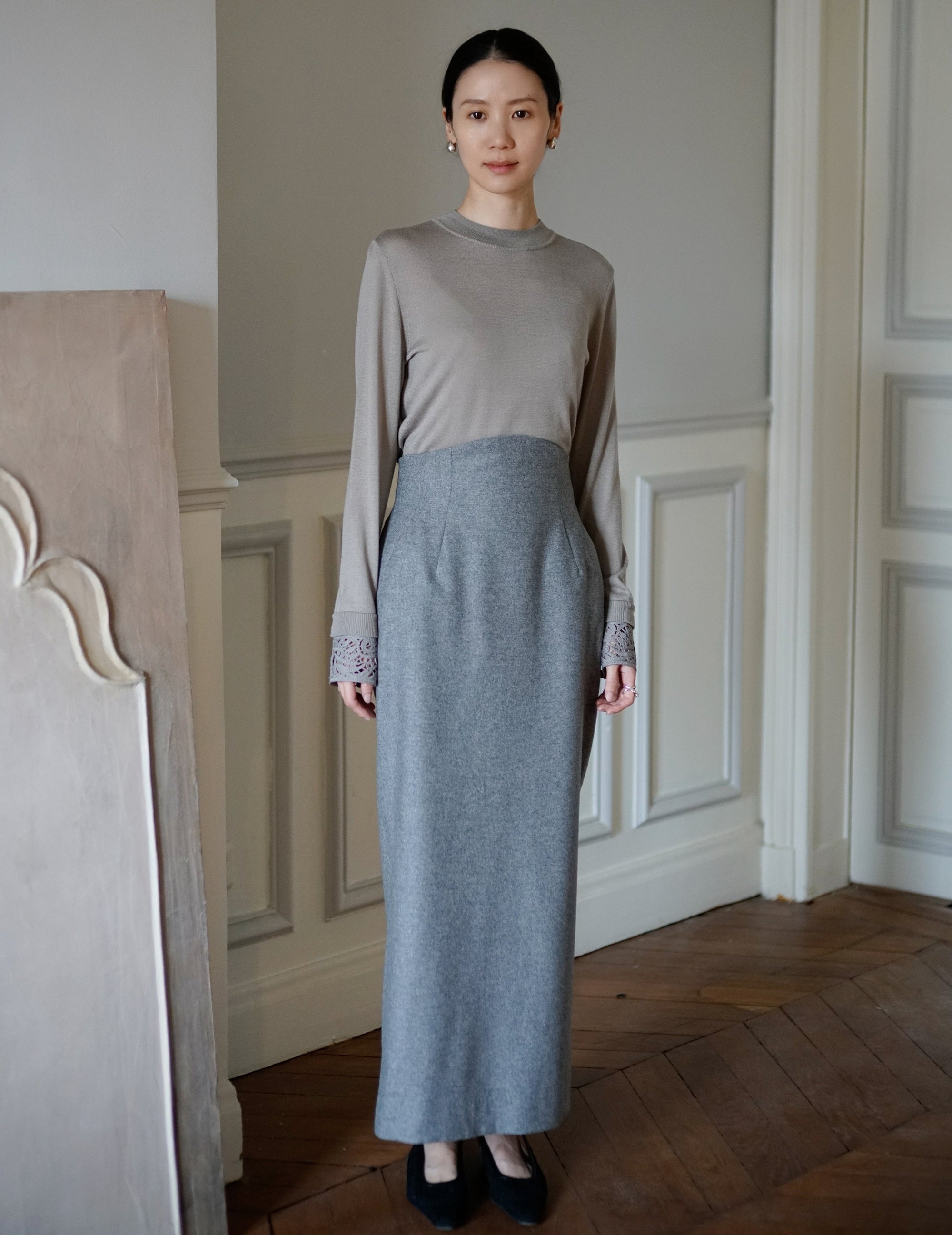 MAME KUROGOUCHI | Wool Flannel I-Line Skirt．Grey