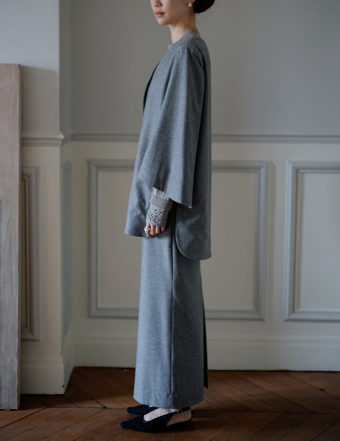 MAME KUROGOUCHI | Wool Flannel I-Line Skirt．Grey