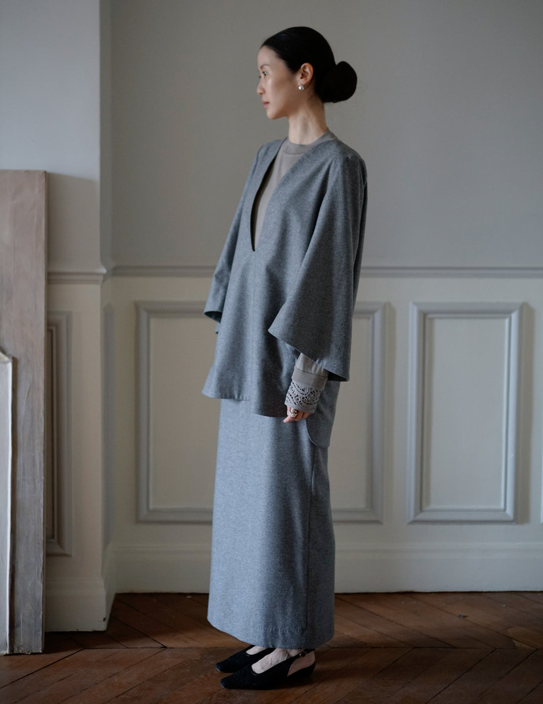 MAME KUROGOUCHI | Wool Flannel I-Line Skirt．Grey