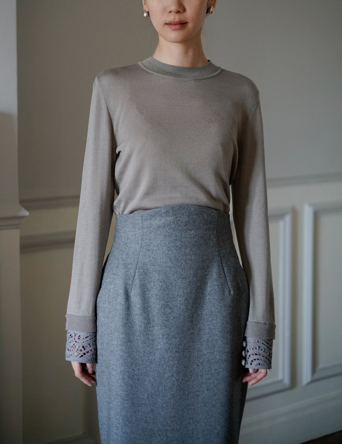 MAME KUROGOUCHI | Wool Flannel I-Line Skirt．Grey