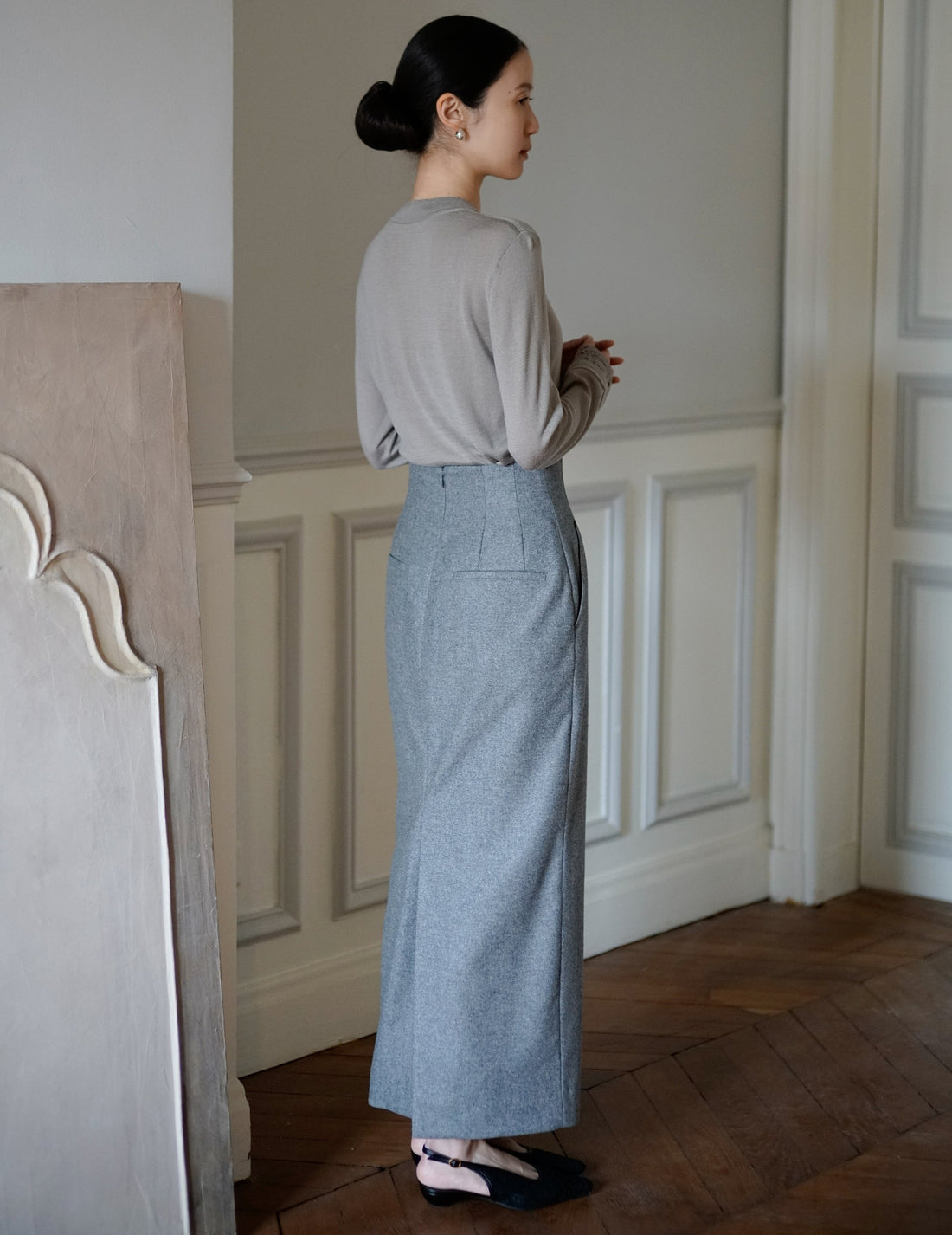 MAME KUROGOUCHI | Wool Flannel I-Line Skirt．Grey