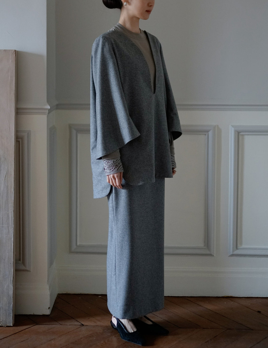 MAME KUROGOUCHI | Wool Flannel I-Line Skirt．Grey